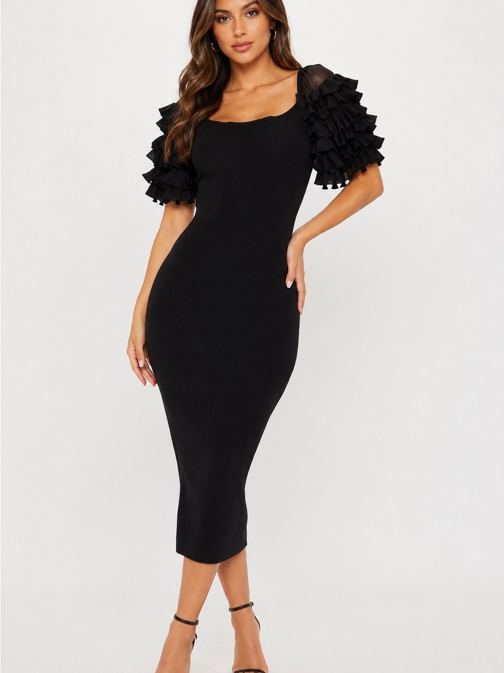 Fashion Nova Black Ribbed Midi Bodycon Sexy Party Dress Ruffle Puff Sleeve SzL